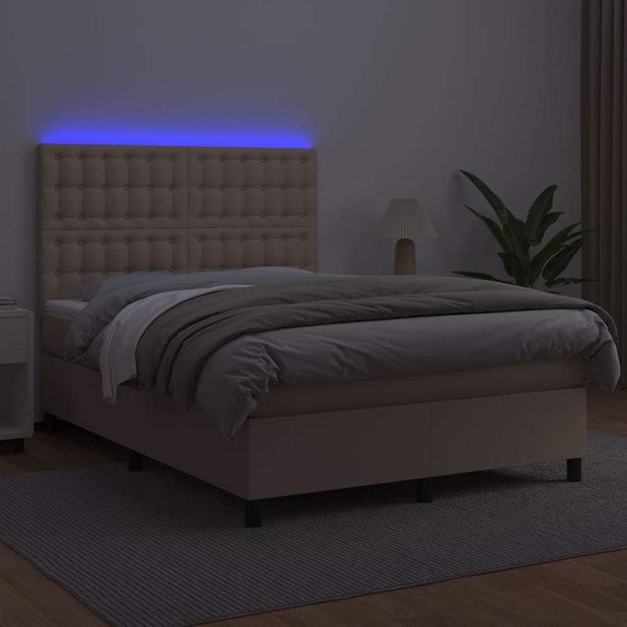Boxspring Met Matras En Led Kunstleer Kleur 140X200Cm Cappuccino 140 x 200 cm Knopen