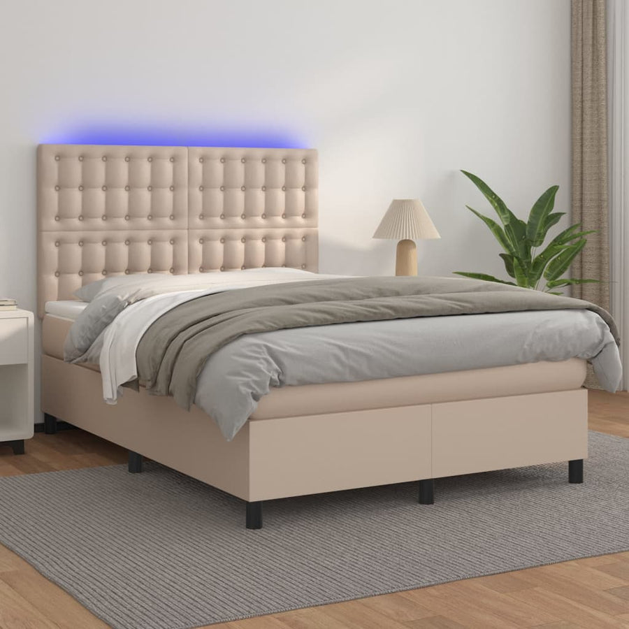 Boxspring Met Matras En Led Kunstleer Kleur 140X200Cm Cappuccino 140 x 200 cm Knopen