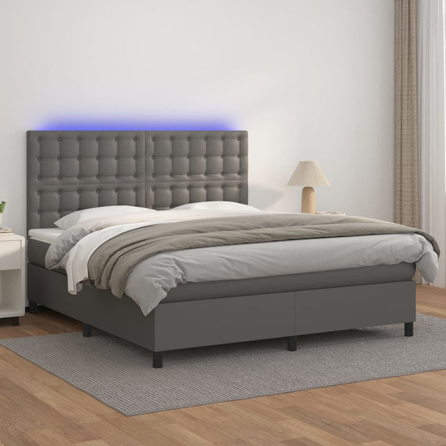 Boxspring Met Matras En Led Kunstleer Grijs 160 x 200 cm Knopen