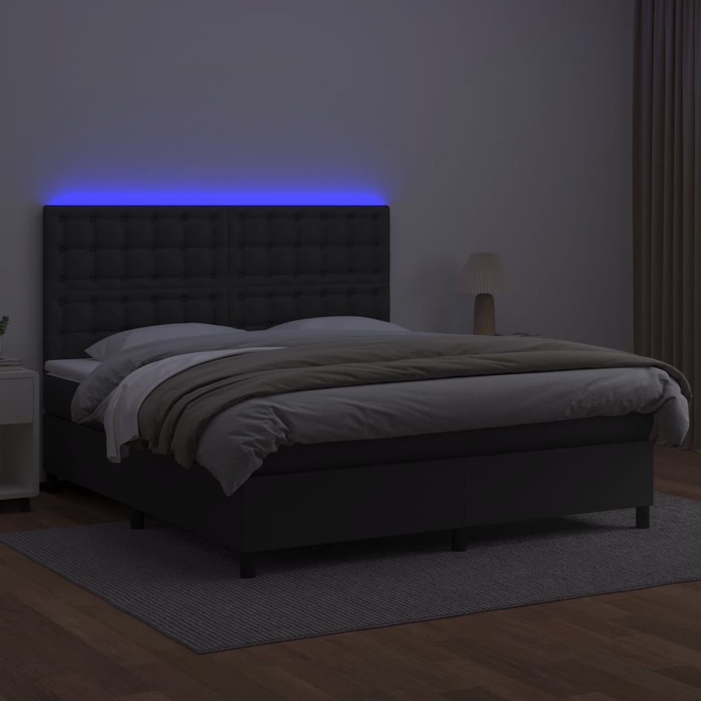 Boxspring Met Matras En Led Kunstleer Zwart 180 x 200 cm Knopen