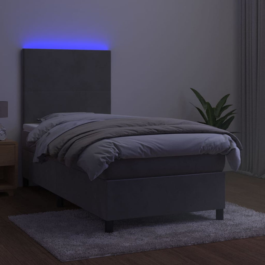 Boxspring Met Matras En Led Fluweel Lichtgrijs 90 x 190 cm Effen ontwerp