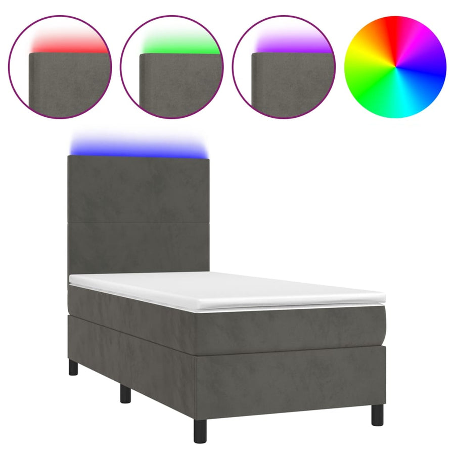 Boxspring Met Matras En Led Fluweel Donkergrijs 90 x 190 cm Effen ontwerp