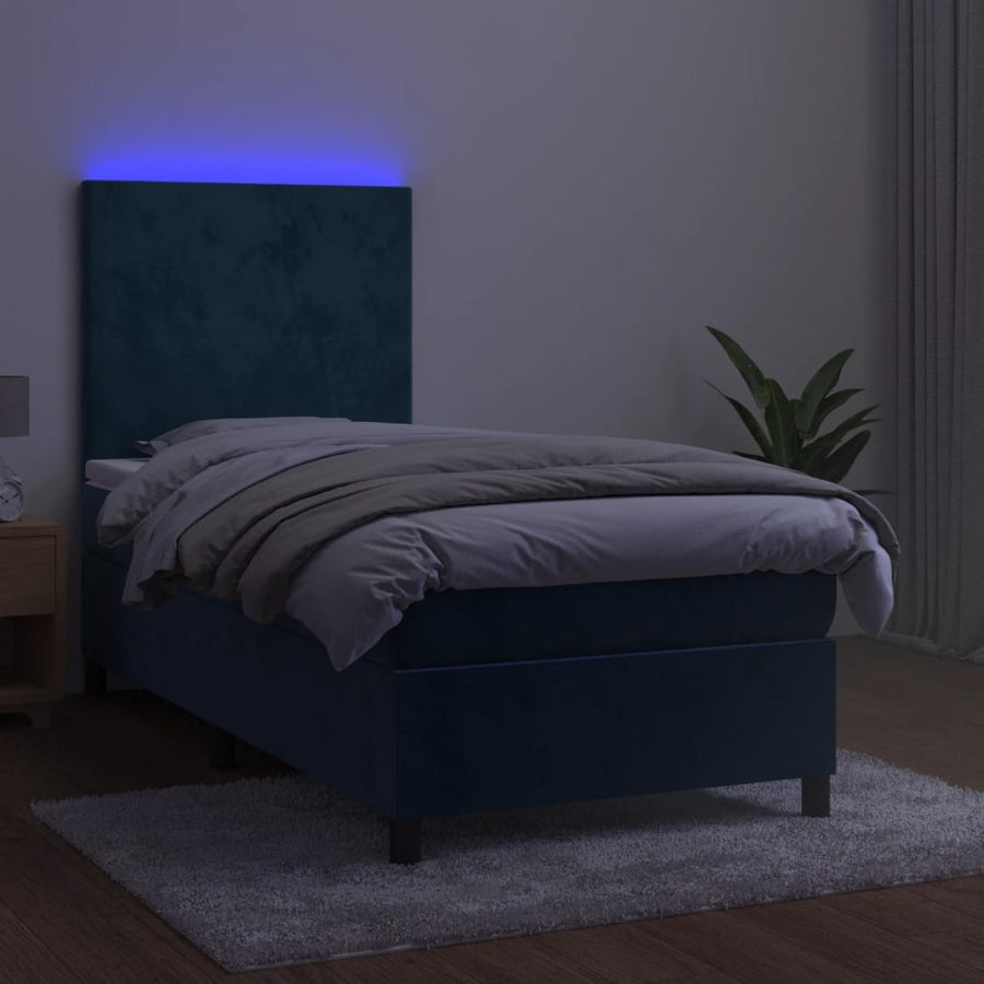 Boxspring Met Matras En Led Fluweel Donkerblauw 90X200 Cm Donkerblauw 90 x 200 cm Effen ontwerp