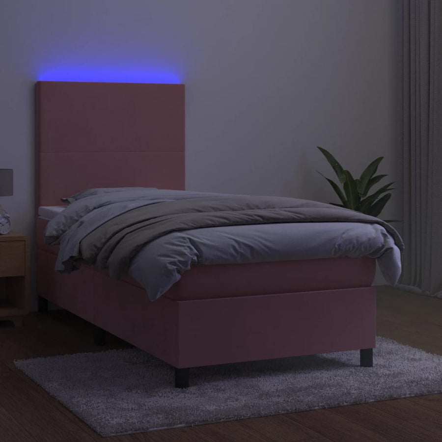 Boxspring Met Matras En Led Fluweel Roze 90 x 200 cm Effen ontwerp
