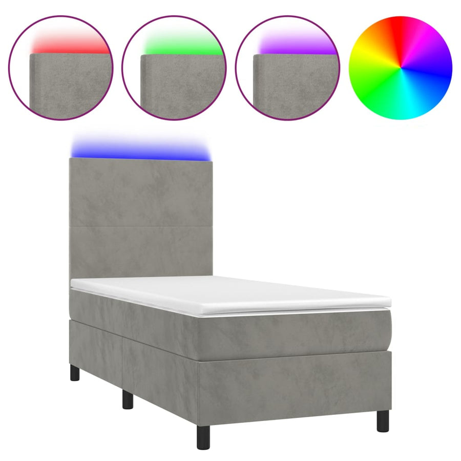 Boxspring Met Matras En Led Fluweel Lichtgrijs 100 x 200 cm Effen ontwerp