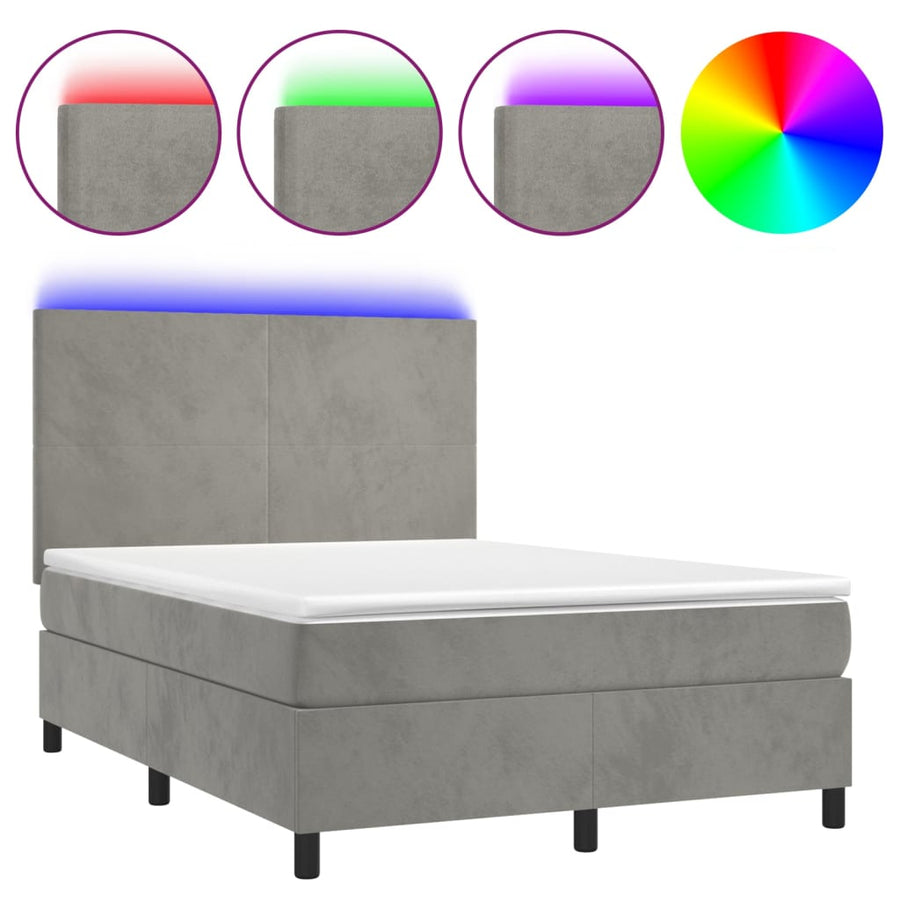 Boxspring Met Matras En Led Fluweel Lichtgrijs 140 x 190 cm Effen ontwerp
