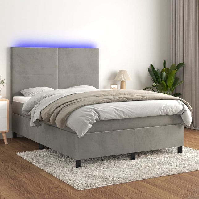 Boxspring Met Matras En Led Fluweel Lichtgrijs 140 x 190 cm Effen ontwerp