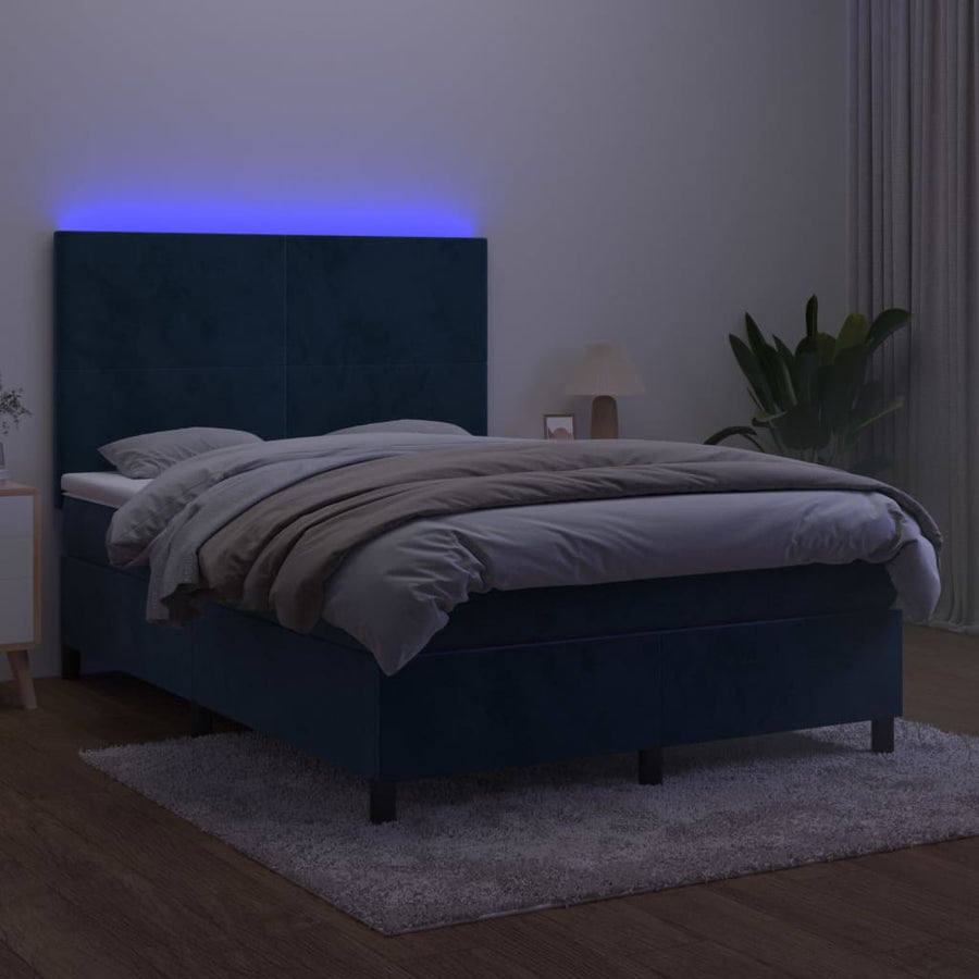 Boxspring Met Matras En Led Fluweel Donkerblauw 140 x 190 cm Effen ontwerp