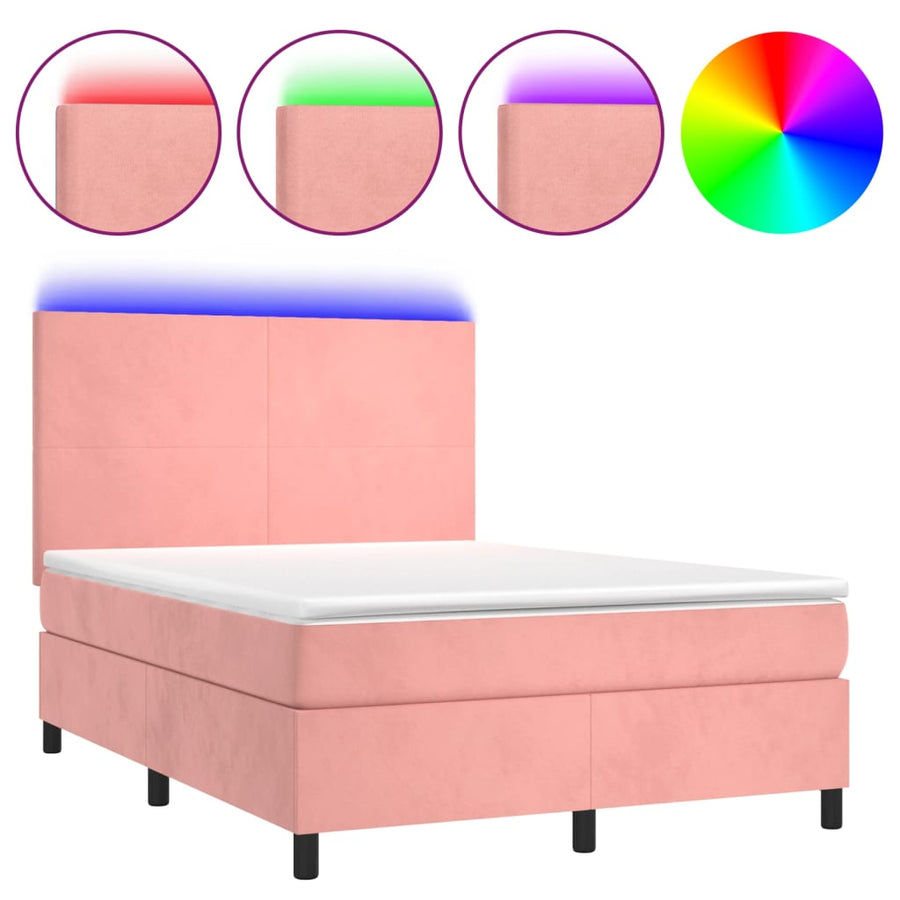 Boxspring Met Matras En Led Fluweel Roze 140 x 190 cm Effen ontwerp