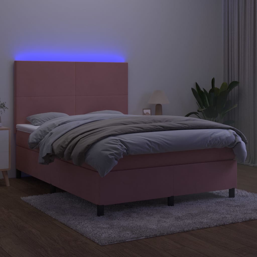 Boxspring Met Matras En Led Fluweel Roze 140 x 190 cm Effen ontwerp