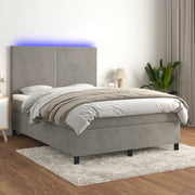 Boxspring 140x200 cm lichtgrijs fluweel met matras en LED