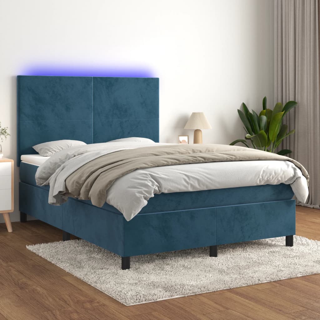 Boxspring Met Matras En Led Fluweel Donkerblauw 140 x 200 cm Effen ontwerp