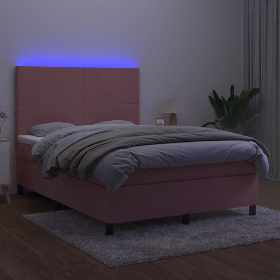 Boxspring Met Matras En Led Fluweel Roze 140X200 Cm Roze 140 x 200 cm Effen ontwerp