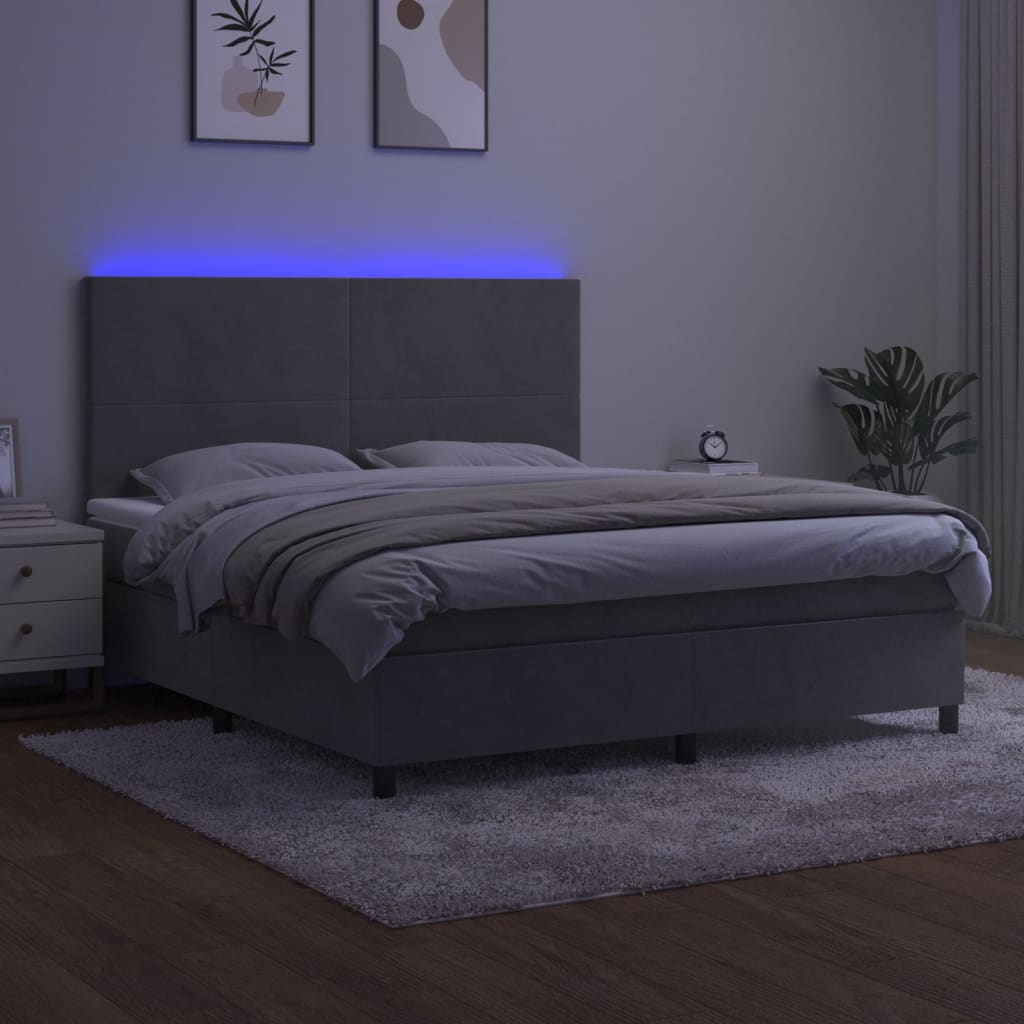 Boxspring Met Matras En Led Fluweel Lichtgrijs 160 x 200 cm Effen ontwerp