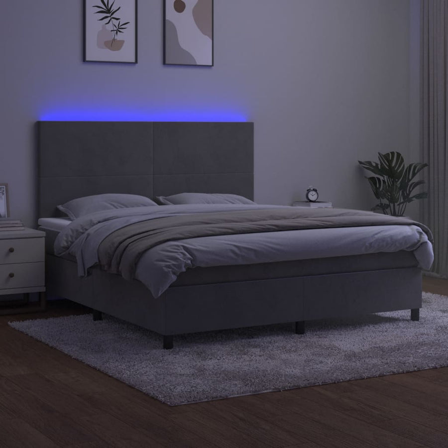 Boxspring Met Matras En Led Fluweel Lichtgrijs 160 x 200 cm Effen ontwerp
