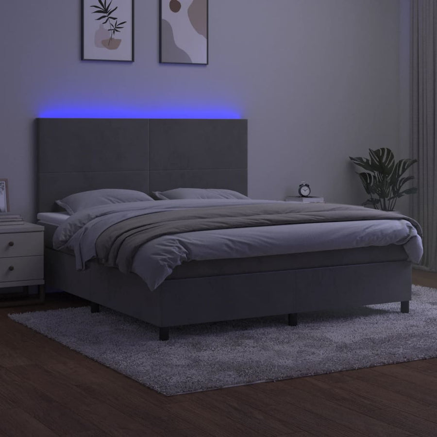 Boxspring Met Matras En Led Fluweel Lichtgrijs 180 x 200 cm Effen ontwerp