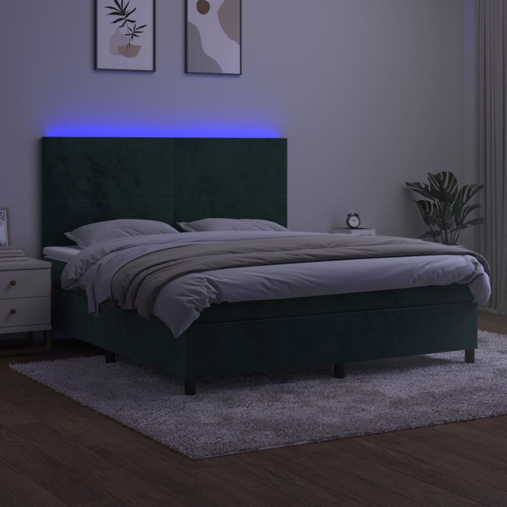 Boxspring Met Matras En Led Fluweel Donkergroen 180X200 Cm 180 x 200 cm Effen ontwerp