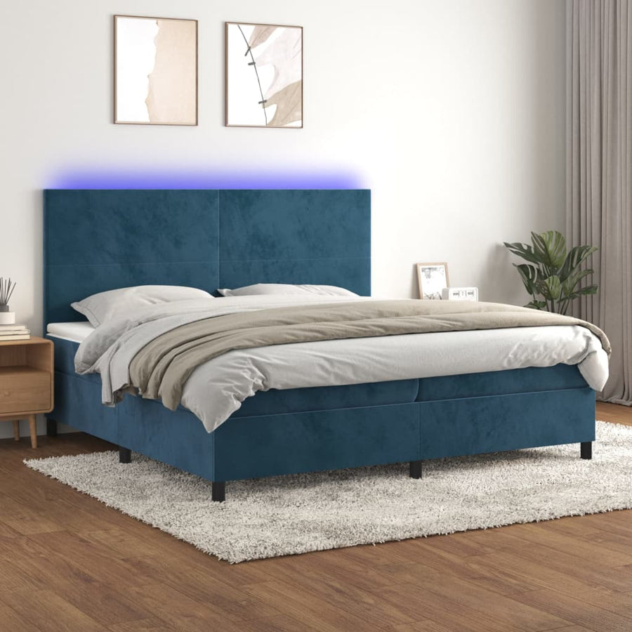 Boxspring Met Matras En Led Fluweel Donkerblauw 200 x 200 cm Effen ontwerp