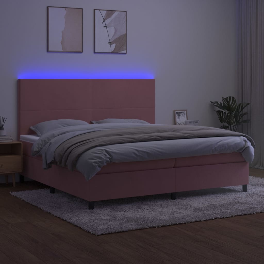 Boxspring Met Matras En Led Fluweel Roze 200 x 200 cm Effen ontwerp