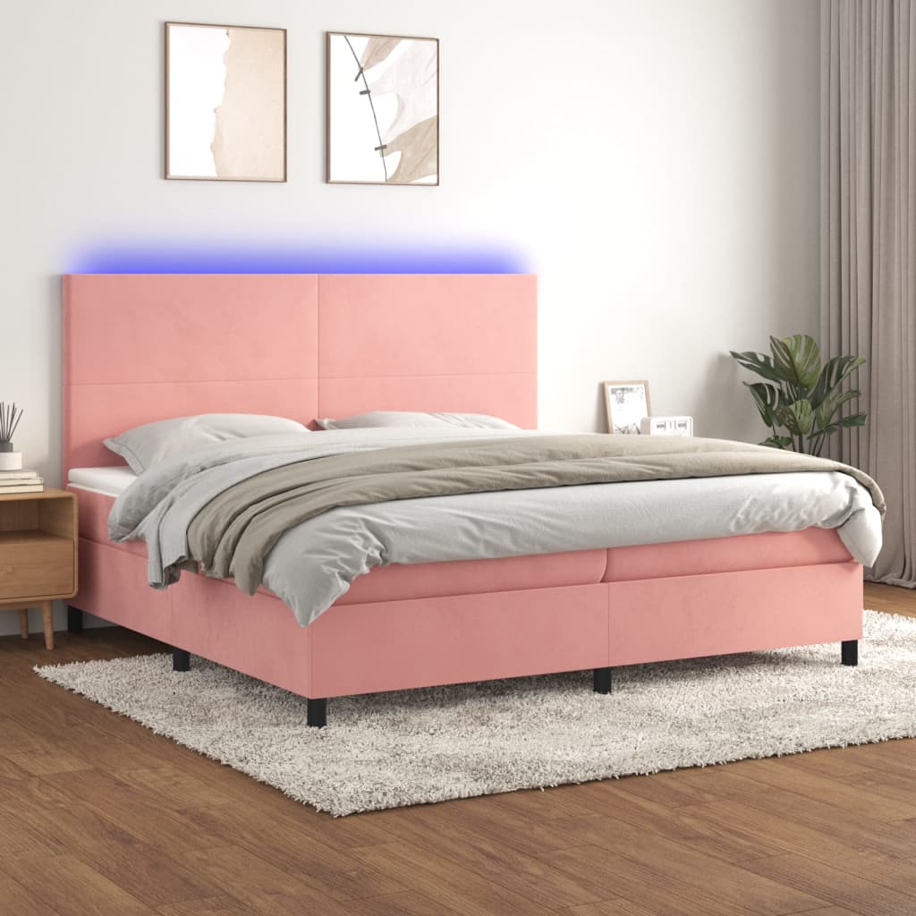 Boxspring Met Matras En Led Fluweel Roze 200 x 200 cm Effen ontwerp