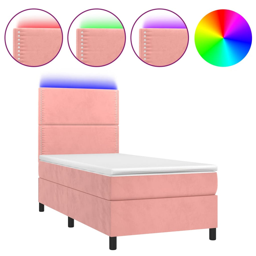 Boxspring Met Matras En Led Fluweel Roze 80 x 200 cm Effen met spijkers