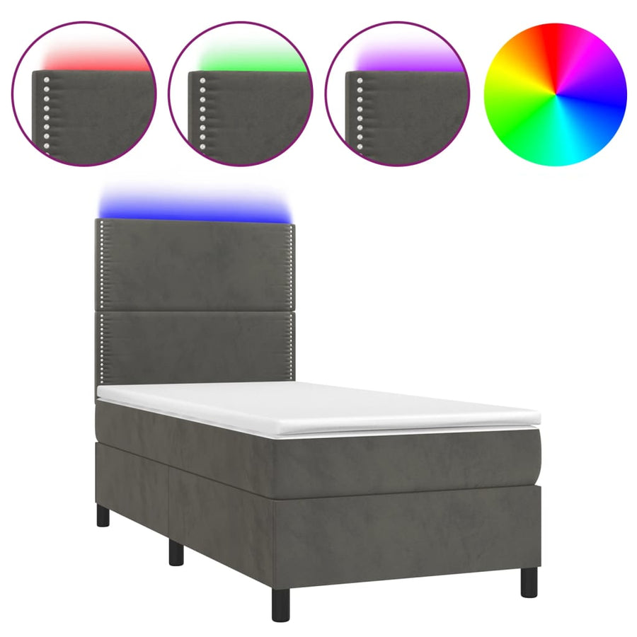 Boxspring Met Matras En Led Fluweel Donkergrijs 90 x 190 cm Effen met spijkers