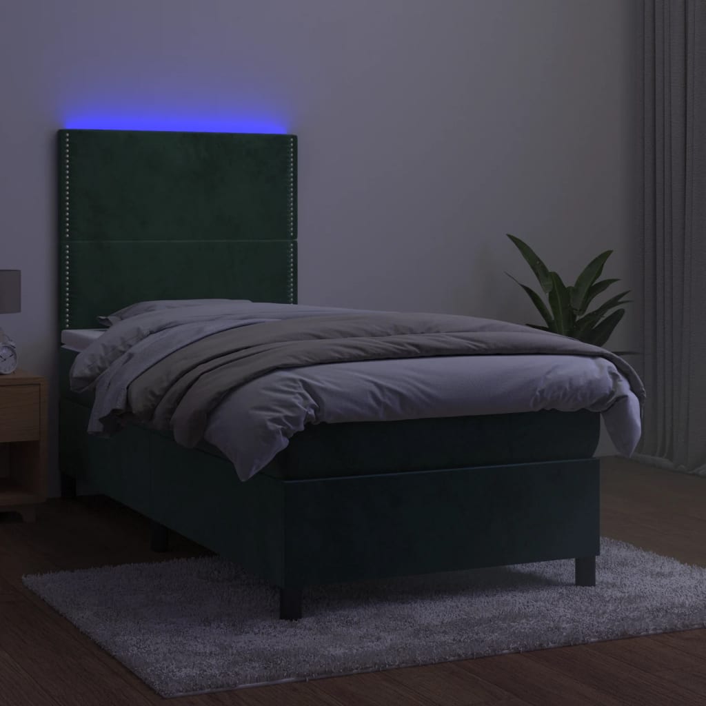 Boxspring met matras en LED fluweel donkergroen 90x190 cm 90 x 190 cm Effen met spijkers