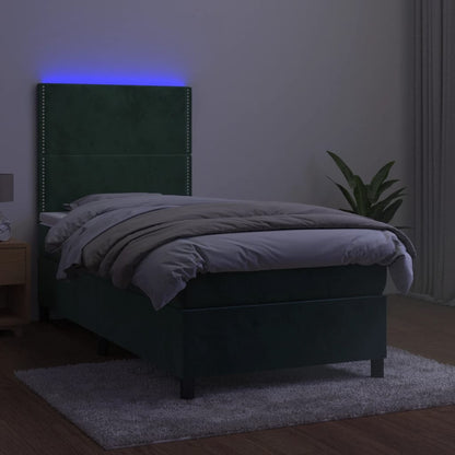 Boxspring met matras en LED fluweel donkergroen 90x190 cm 90 x 190 cm Effen met spijkers