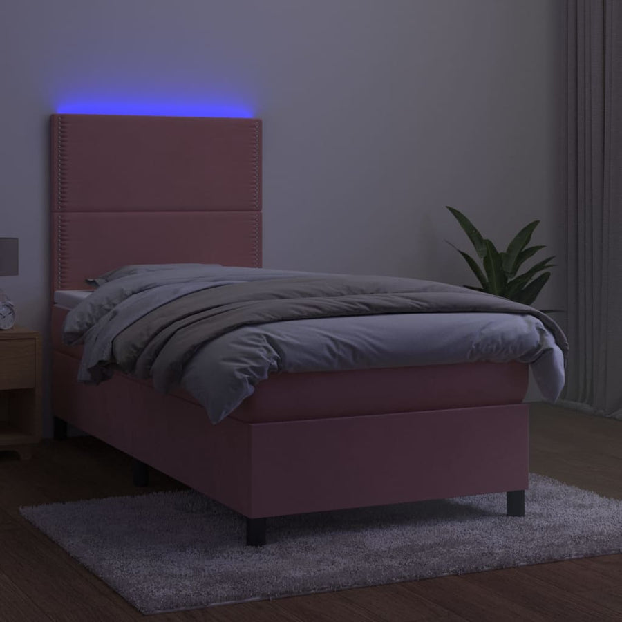 Boxspring Met Matras En Led Fluweel Roze 90 x 190 cm Effen met spijkers