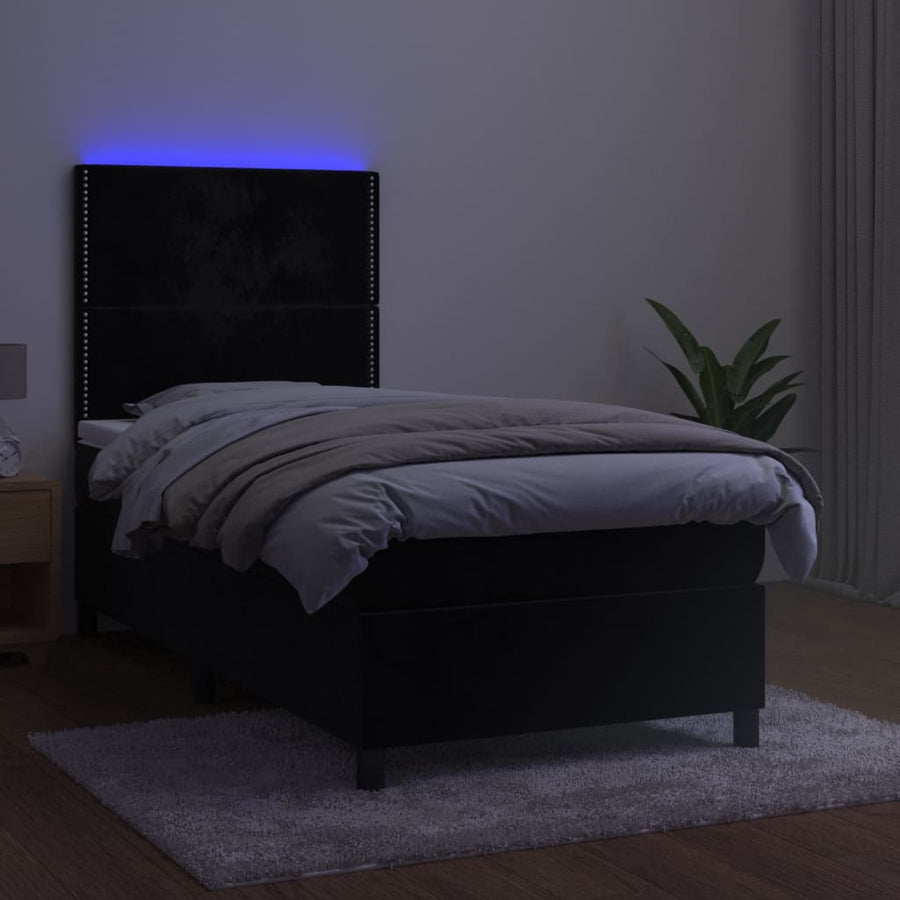 Boxspring Met Matras En Led Fluweel Zwart 90 x 200 cm Effen met spijkers