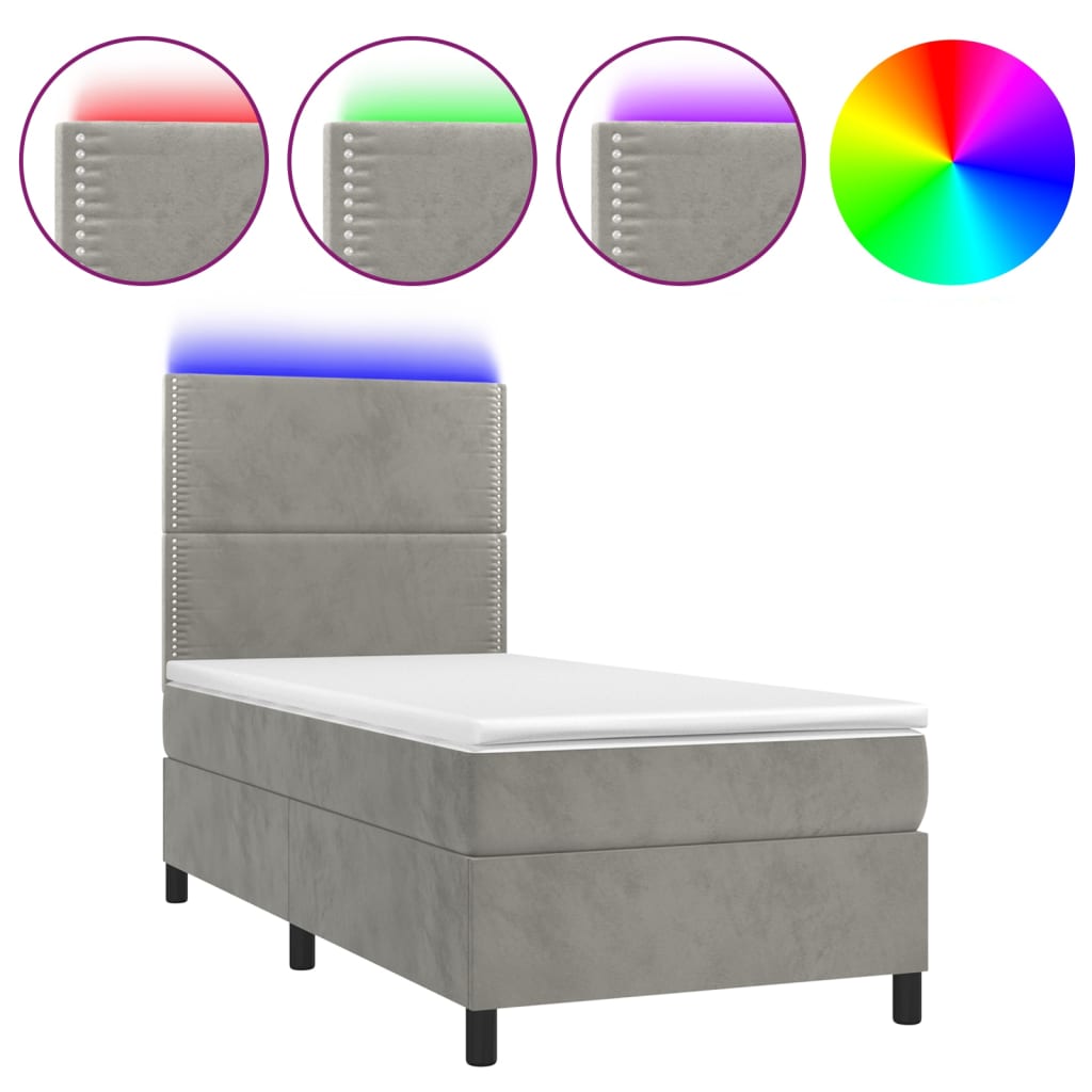 Boxspring Met Matras En Led Fluweel Lichtgrijs 100 x 200 cm Effen met spijkers