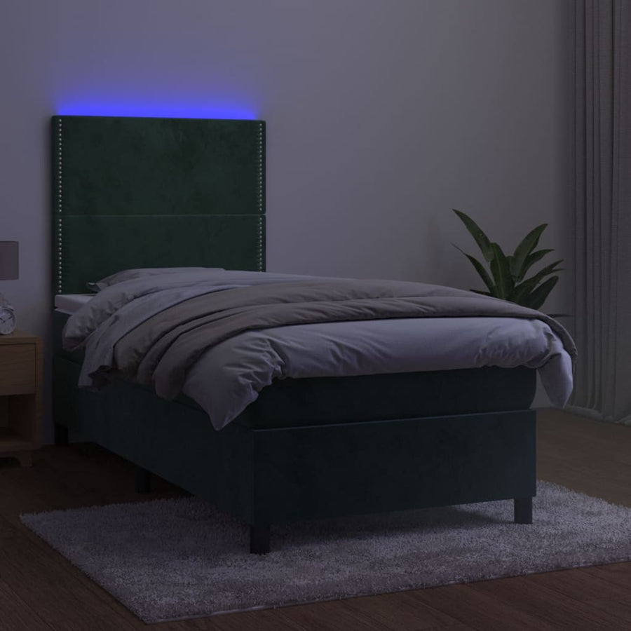 Boxspring met matras en LED fluweel donkergroen 100x200 cm 100 x 200 cm Effen met spijkers