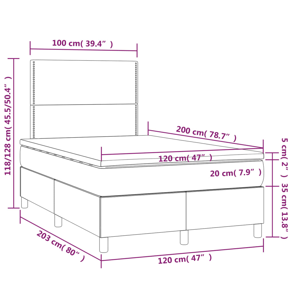 Boxspring Met Matras En Led Fluweel Zwart 120 x 200 cm Effen met spijkers