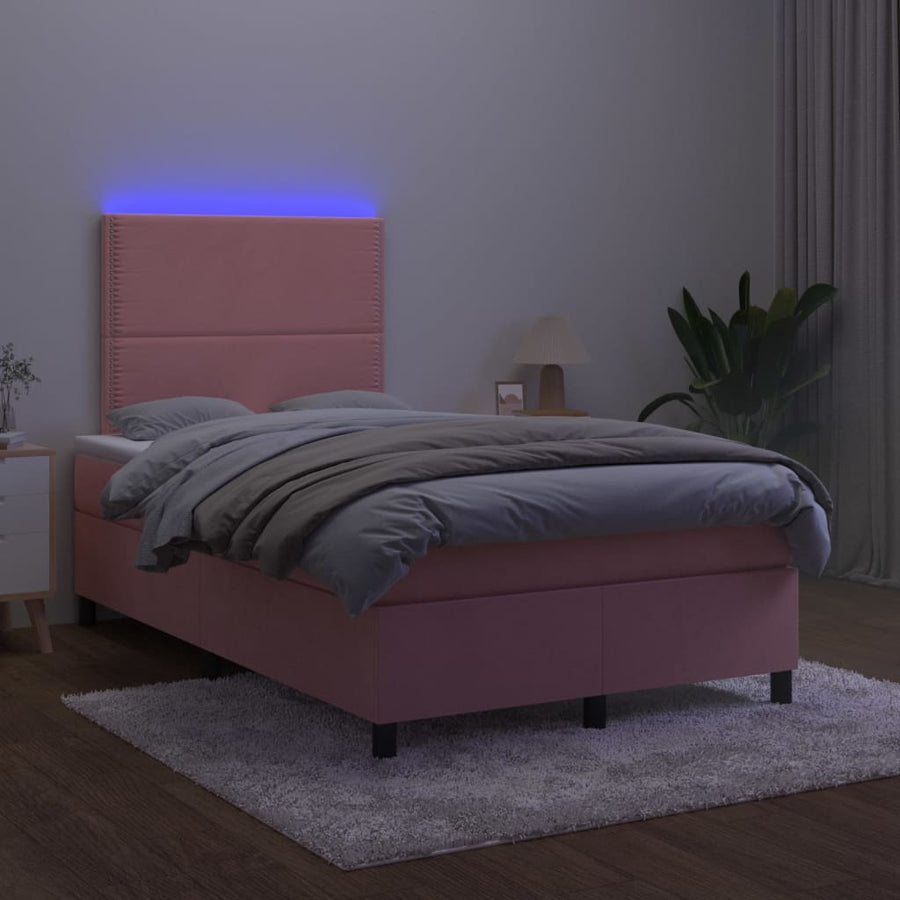 Boxspring Met Matras En Led Fluweel Roze 120 x 200 cm Effen met spijkers