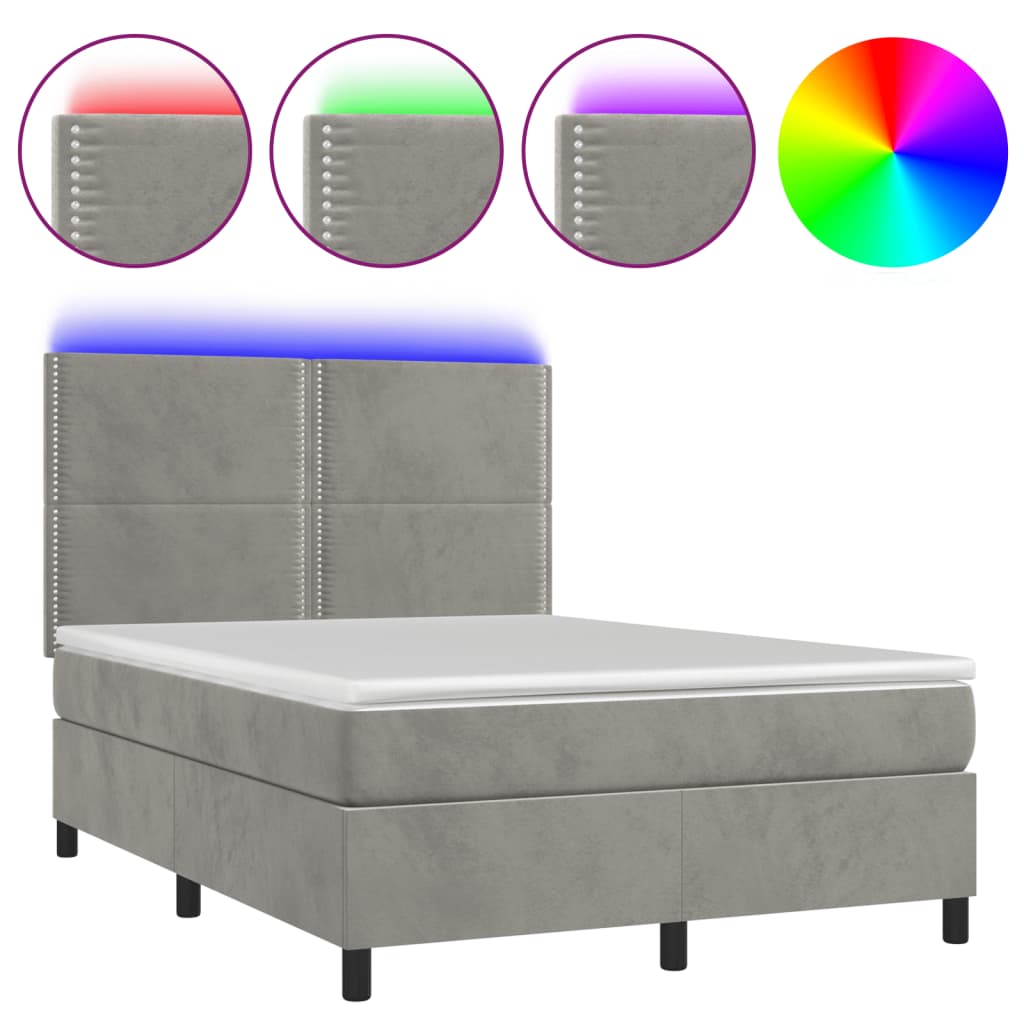 Boxspring Met Matras En Led Fluweel Lichtgrijs 140 x 190 cm Effen met spijkers