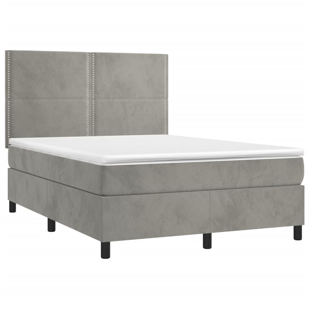 Boxspring Met Matras En Led Fluweel Lichtgrijs 140 x 190 cm Effen met spijkers