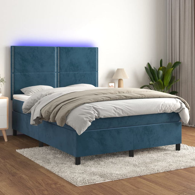 Boxspring Met Matras En Led Fluweel Donkerblauw 140 x 190 cm Effen met spijkers