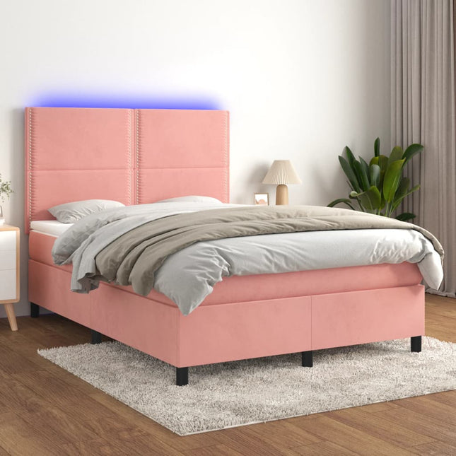 Boxspring Met Matras En Led Fluweel Roze 140 x 190 cm Effen met spijkers