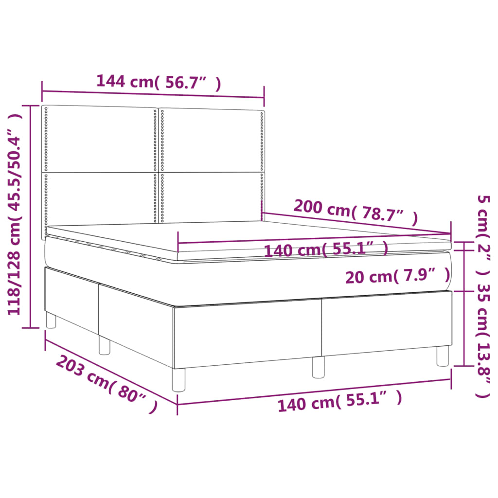 Boxspring Met Matras En Led Fluweel Lichtgrijs 140 x 200 cm Effen met spijkers