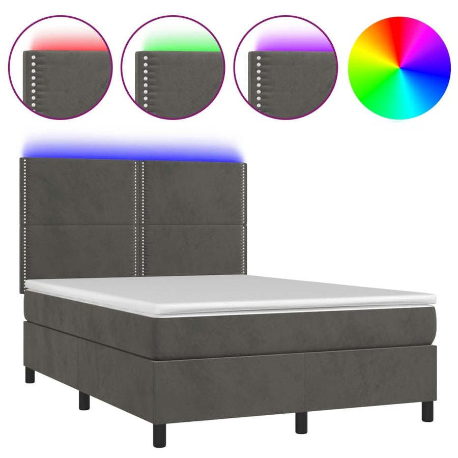 Boxspring Met Matras En Led Fluweel Donkergrijs 140 x 200 cm Effen met spijkers