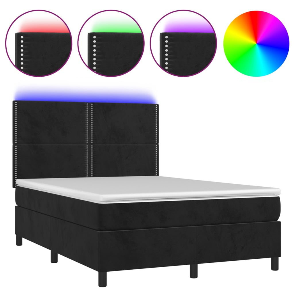 Boxspring Met Matras En Led Fluweel Zwart 140 x 200 cm Effen met spijkers