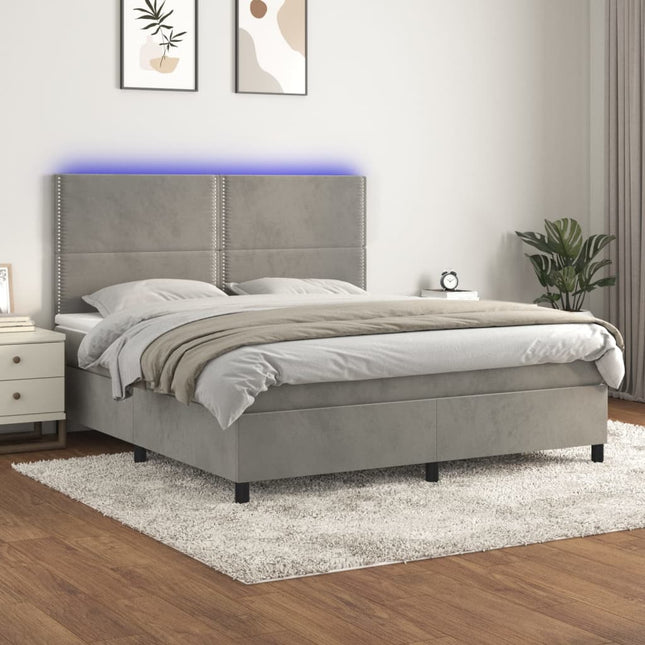 Boxspring Met Matras En Led Fluweel Lichtgrijs 160 x 200 cm Effen met spijkers