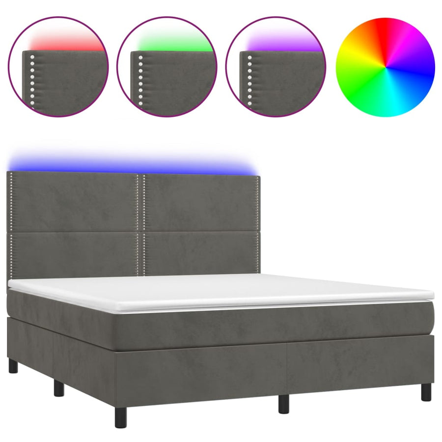 Boxspring Met Matras En Led Fluweel Donkergrijs 160 x 200 cm Effen met spijkers