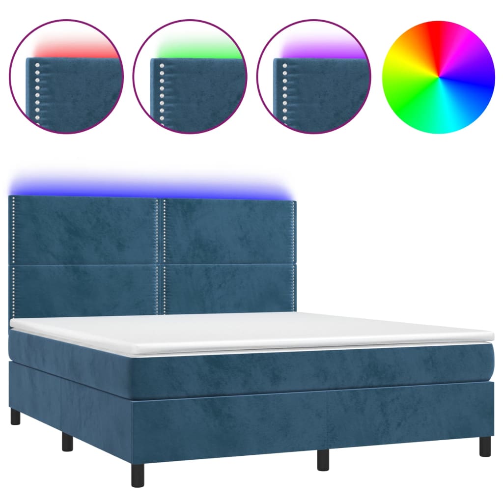 Boxspring Met Matras En Led Fluweel Donkerblauw 160 x 200 cm Effen met spijkers