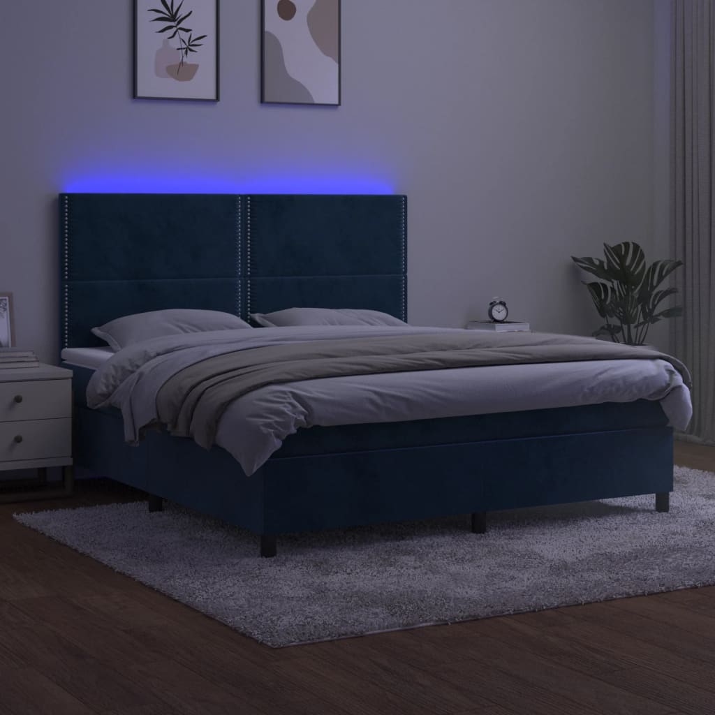 Boxspring Met Matras En Led Fluweel Donkerblauw 160 x 200 cm Effen met spijkers