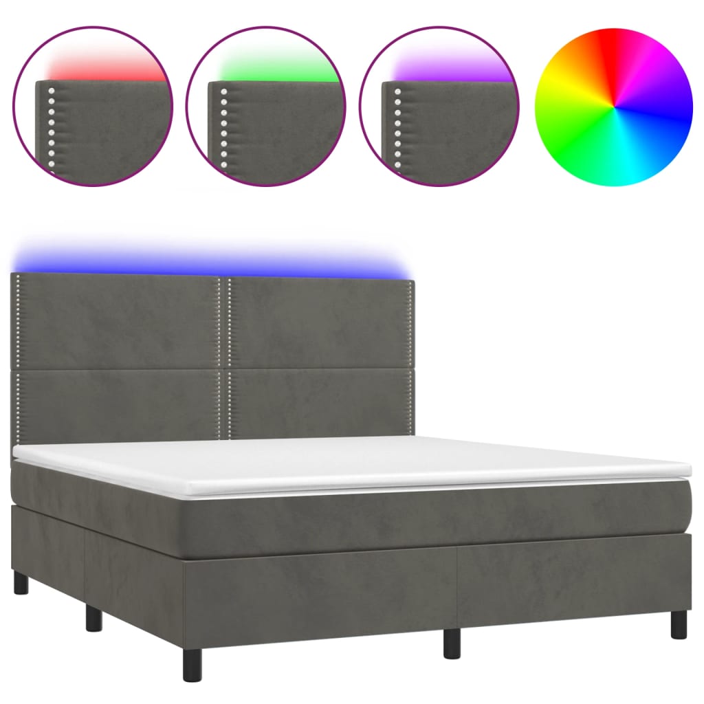 Boxspring Met Matras En Led Fluweel Donkergrijs 180 x 200 cm Effen met spijkers