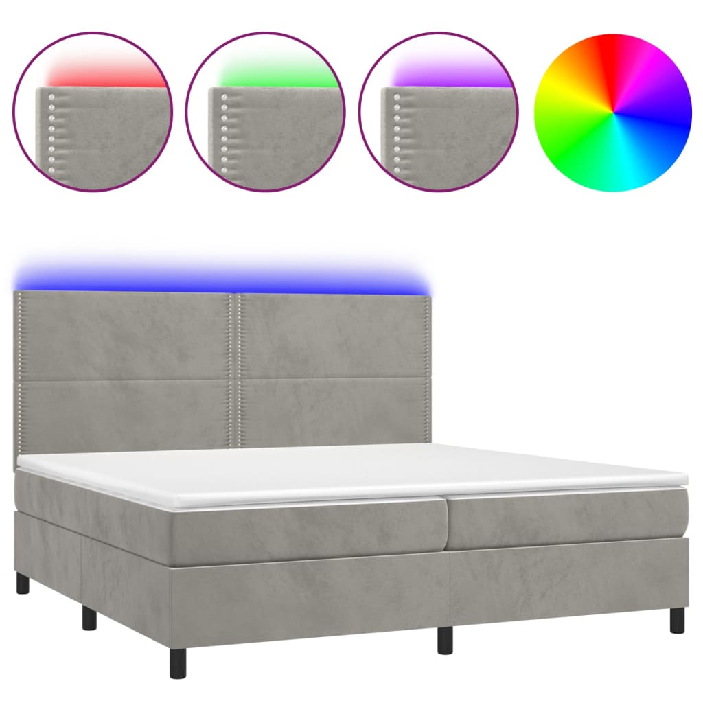 Boxspring Met Matras En Led Fluweel Lichtgrijs 200 x 200 cm Effen met spijkers