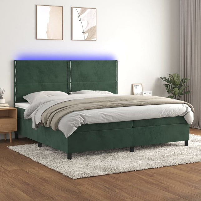 Boxspring met matras en LED fluweel donkergroen 200x200 cm 200 x 200 cm Effen met spijkers