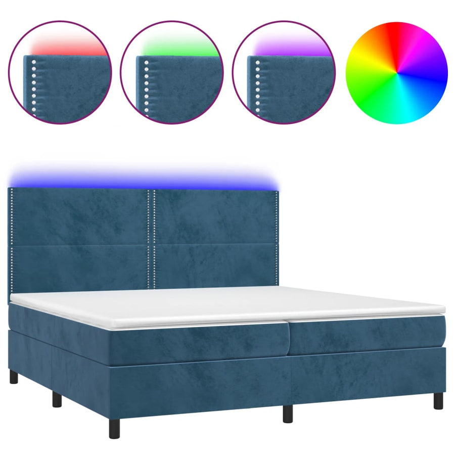 Boxspring Met Matras En Led Fluweel Donkerblauw 200 x 200 cm Effen met spijkers