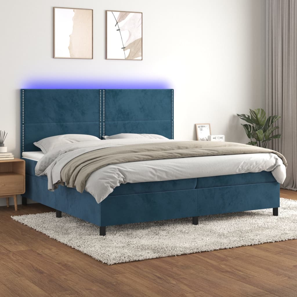 Boxspring Met Matras En Led Fluweel Donkerblauw 200 x 200 cm Effen met spijkers